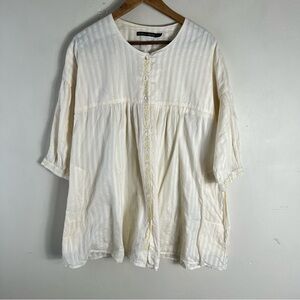 Gudrun Sjödén Pale Yellow Striped Organic Cotton Embroidered Tunic Top Medium